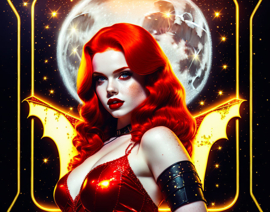 Stylized image of woman with red hair in cosmic setting