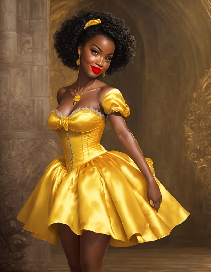 Dark-skinned character in elegant yellow off-shoulder dress and corset bodice.