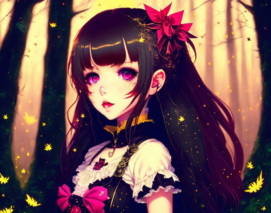 Illustration of a girl with expressive eyes in forest with golden leaves