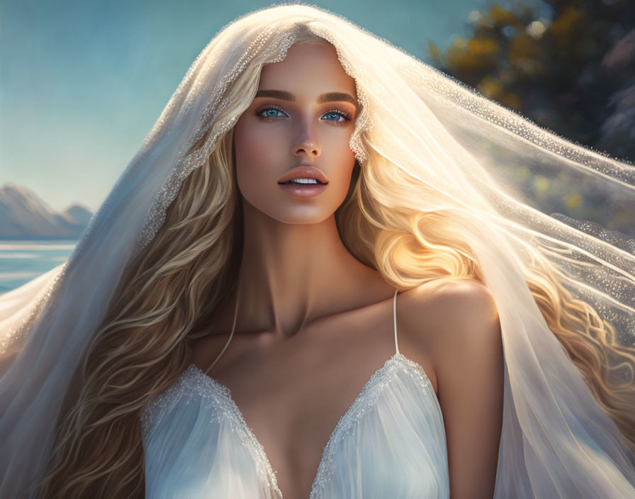 Blonde woman in white veil and dress against mountain backdrop