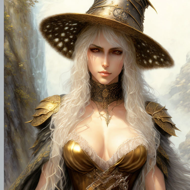 Detailed digital portrait of woman in golden armor with white hair