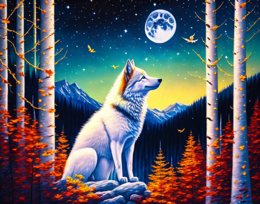 Majestic wolf howling at full moon in colorful autumn forest