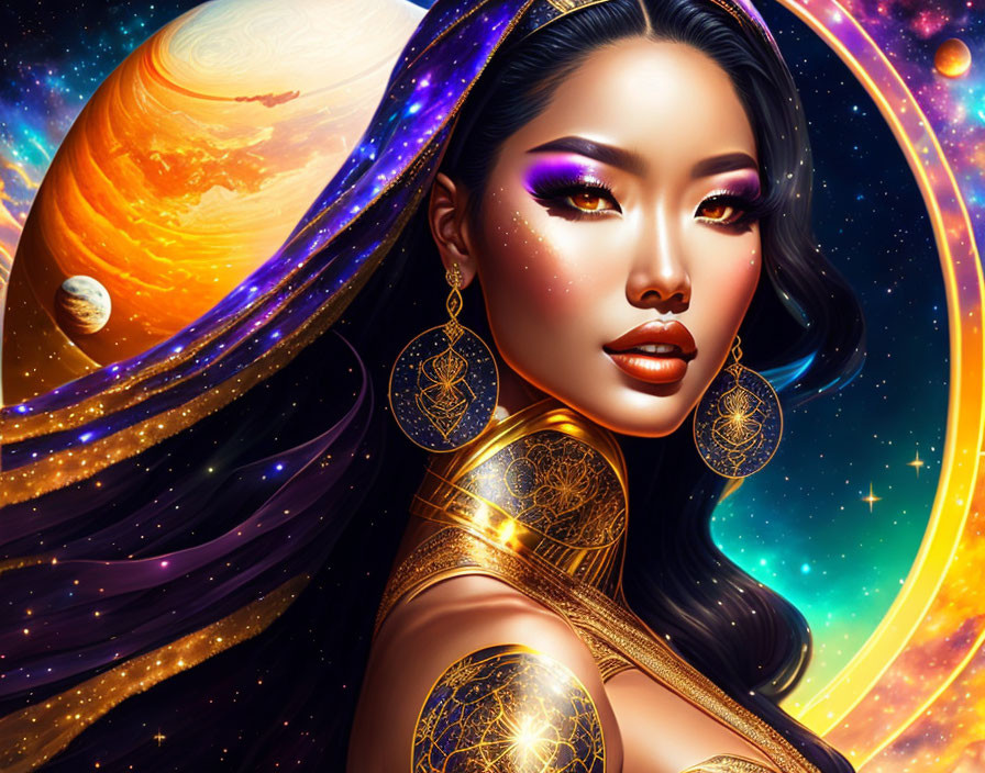 Vivid cosmic digital artwork: woman with striking makeup and gold accessories.