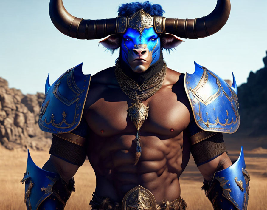 Blue-skinned humanoid in ornate armor with yellow eyes in desert landscape