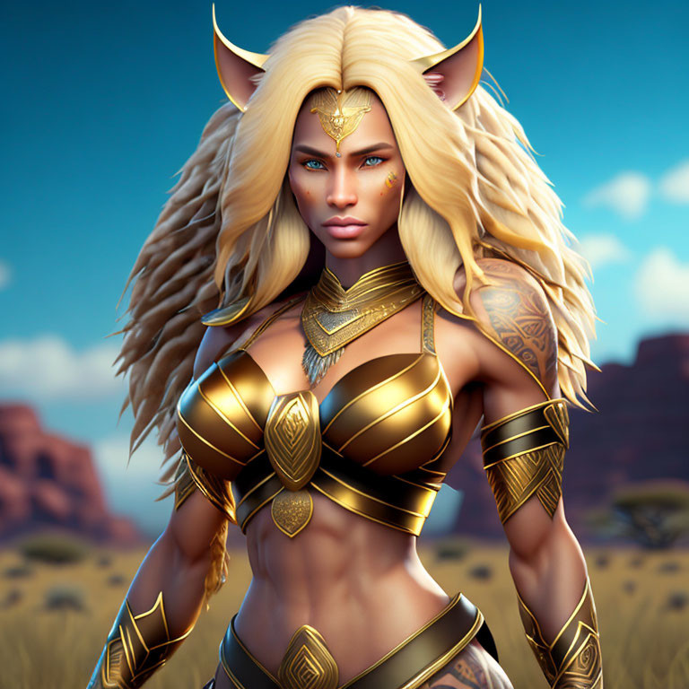 Fantasy warrior in golden armor with horned headpiece and tattoos in desert setting