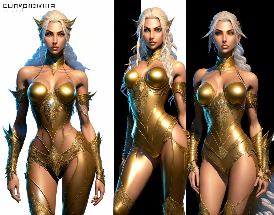 Digital Art: Female Character in Golden Armor with Pointed Ears