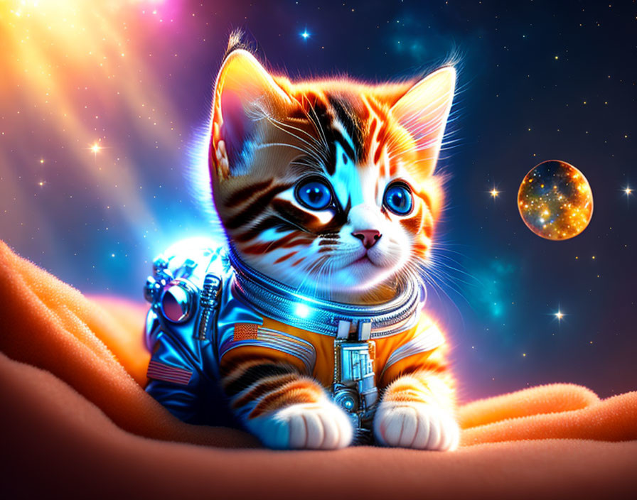 Adorable cat in astronaut suit against cosmic backdrop