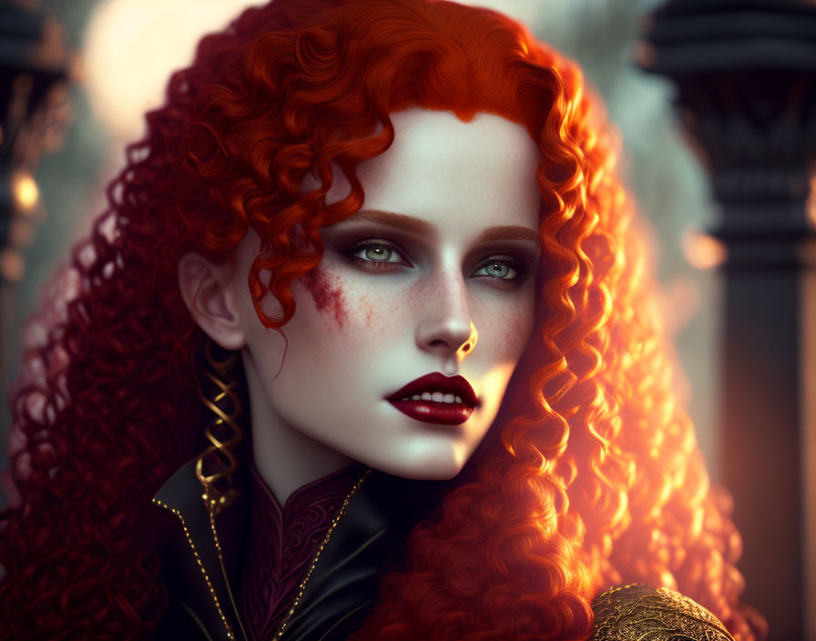 Portrait of Woman with Red Curly Hair, Green Eyes, Fair Skin, Dark Outfit