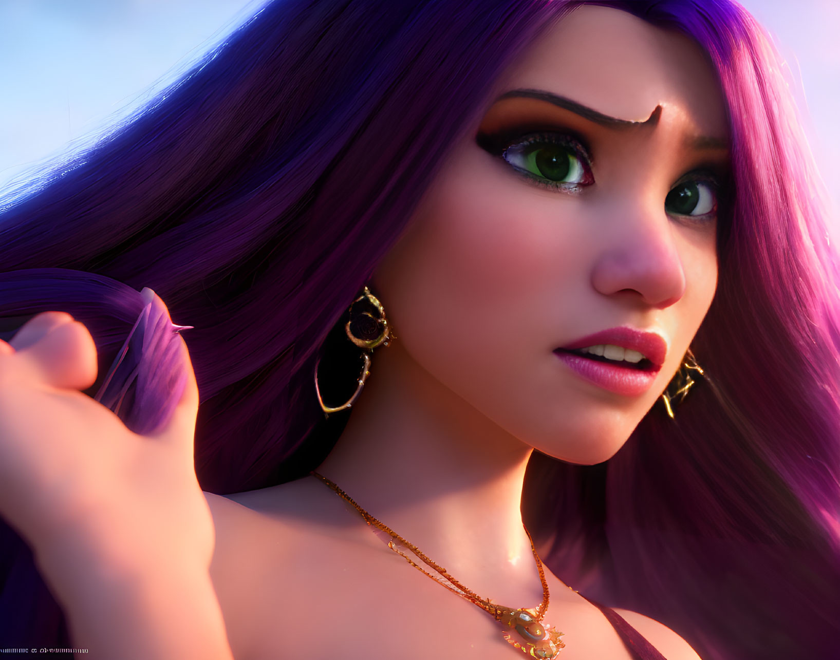 Detailed Close-Up of 3D Animated Character with Purple Hair and Golden Accessories