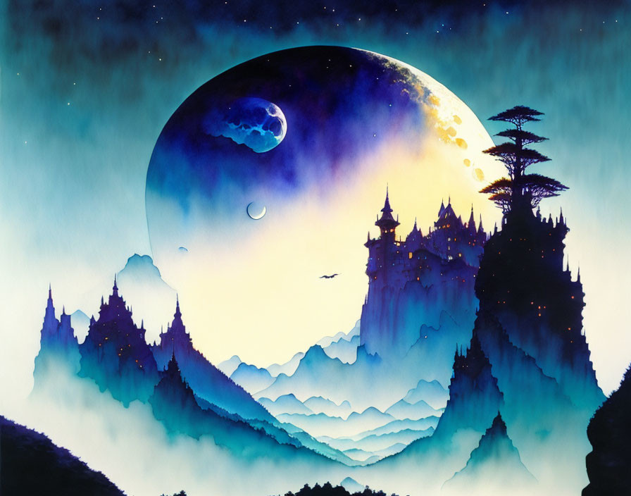 Moonlit fantasy landscape with castle, mountains, trees, birds, and twilight sky