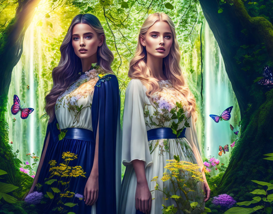 Ethereal women in flowing dresses surrounded by butterflies and lush forest