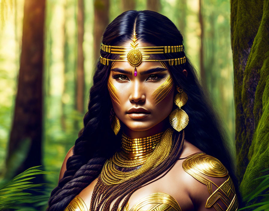 Woman in golden warrior accessories in enchanted forest.