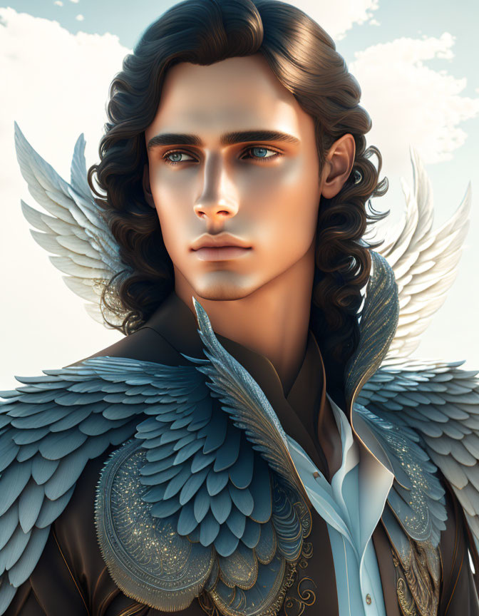 Digital Art: Person with Angelic Wings and Blue Eyes in Feathered Attire