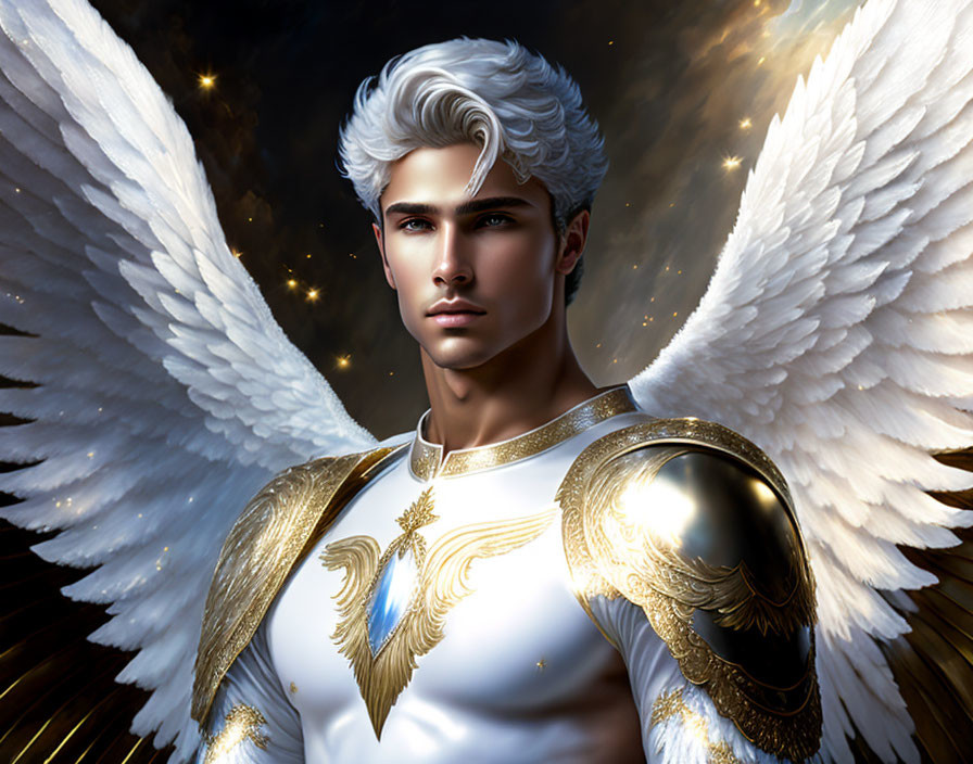 Male figure with angelic wings and white & gold armor in cosmic setting