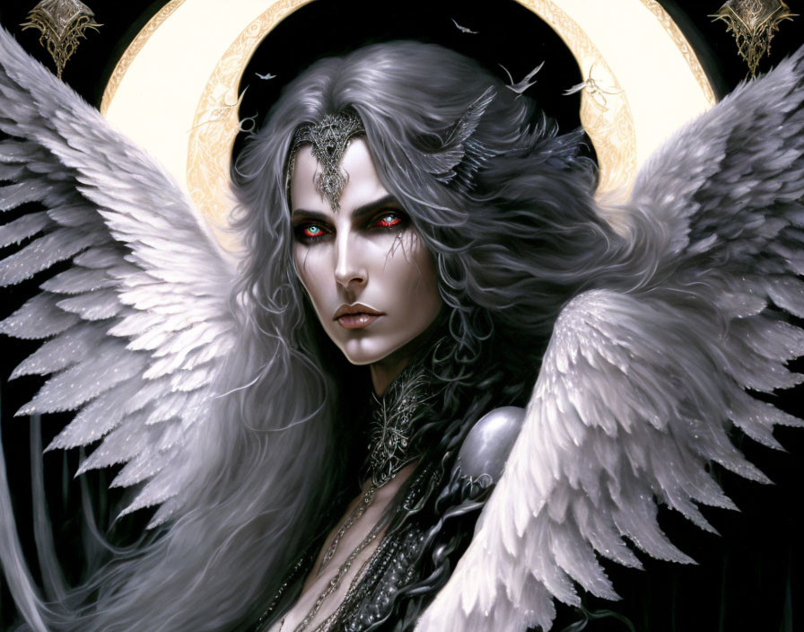 Mystical winged figure with pale skin and red eyes