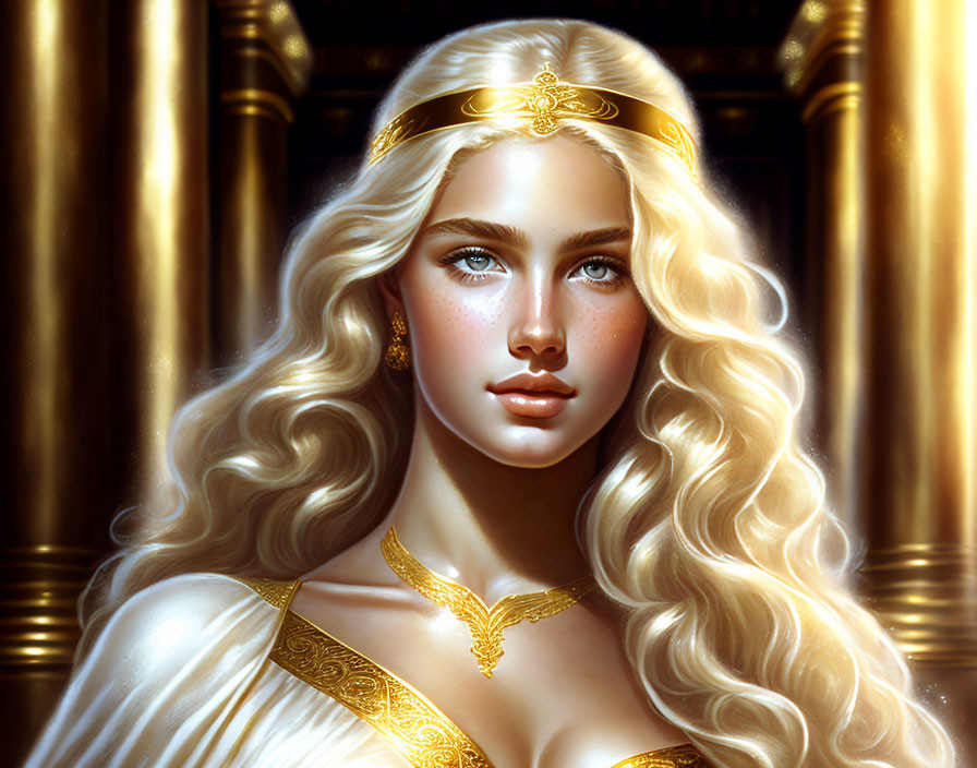 Blond woman with gold tiara and blue eyes portrait