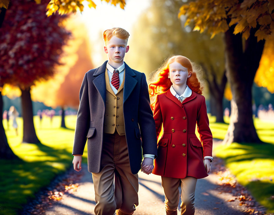 Children walking in autumn park with falling leaves and warm sunlight.