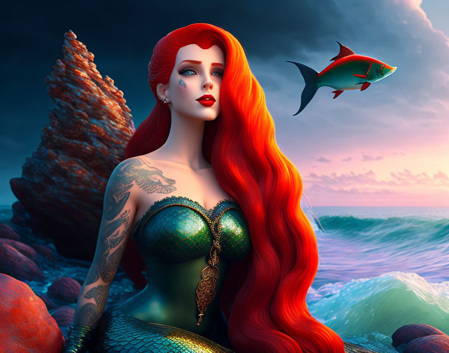 Stylized mermaid with red hair, tattoos, and green tail by the sea