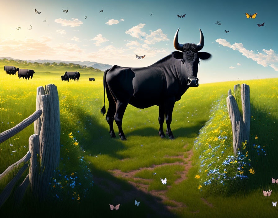 Black bull in green meadow with wildflowers and wooden fence