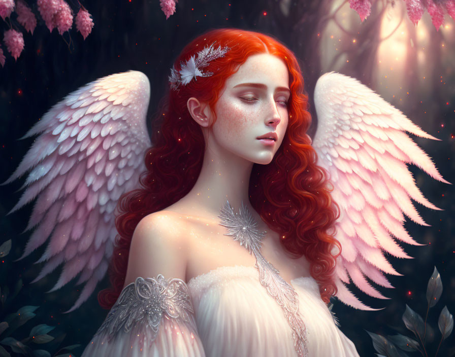 Red-Haired Angel with Pink Wings and Floral Crown Among Blossoming Flowers