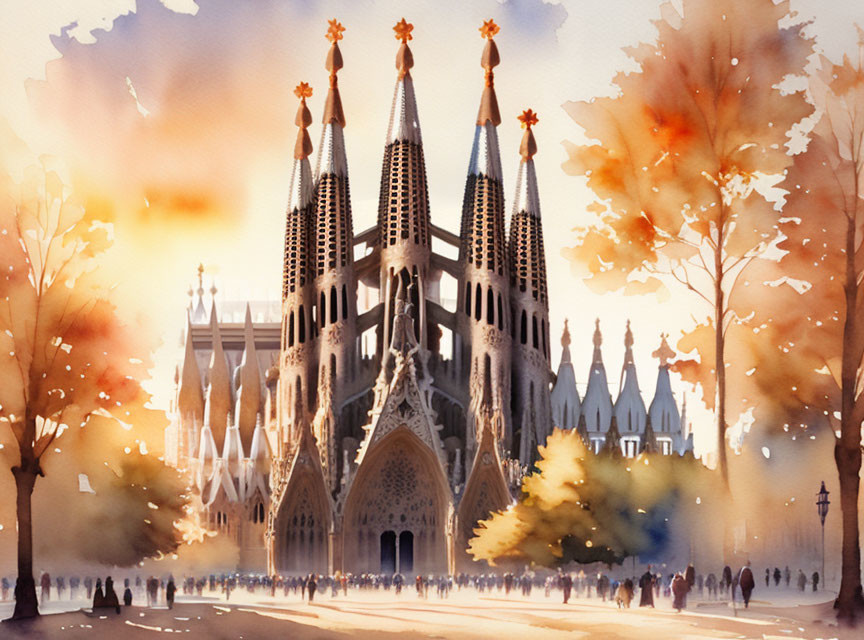 Sagrada Familia Cathedral Watercolor Painting with Autumn Sunset Scene