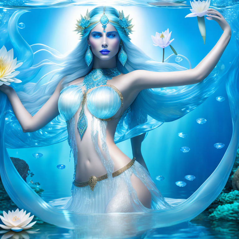 Blue-skinned water goddess in ornate attire surrounded by lotus flowers