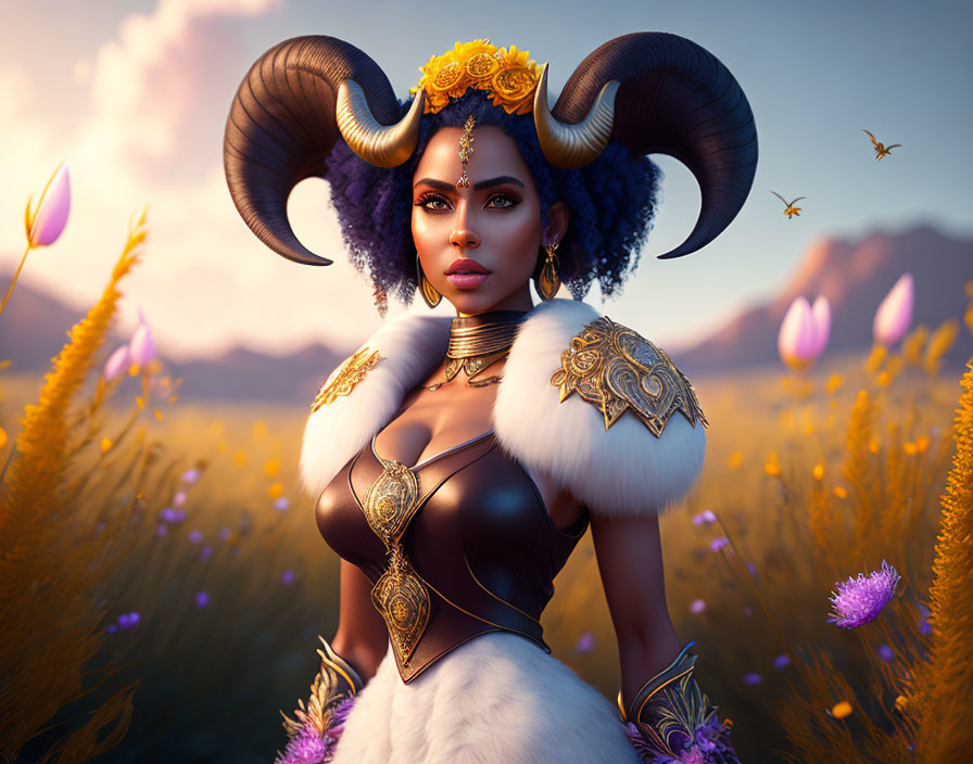 Fantasy Artwork: Woman with Ram Horns in Field with Butterflies