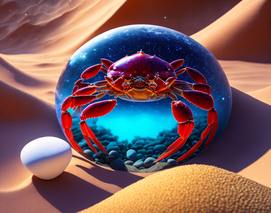 Red crab in transparent sphere with starry night sky & desert landscape.