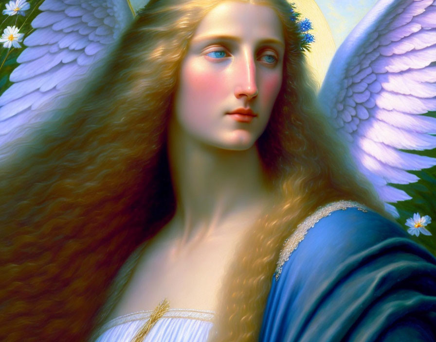 Angel painting with long wavy hair, blue robe, white wings, serene expression, floral backdrop