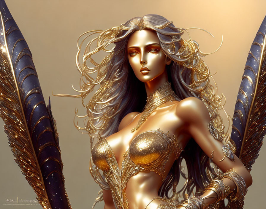 Golden-armored female figure with ornate headdress and dark wing-like structures.