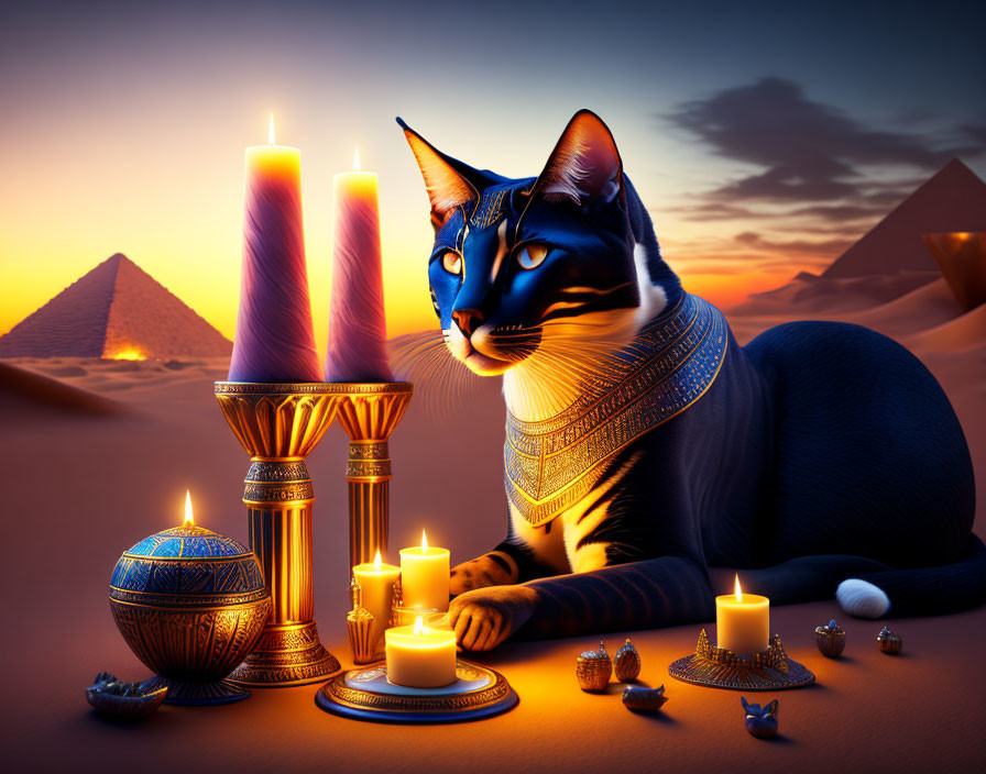 Egyptian-themed cat with candles and pyramids at sunset