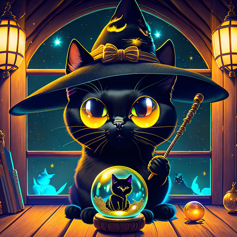 Whimsical black cat in witch's hat with glowing eyes and crystal ball