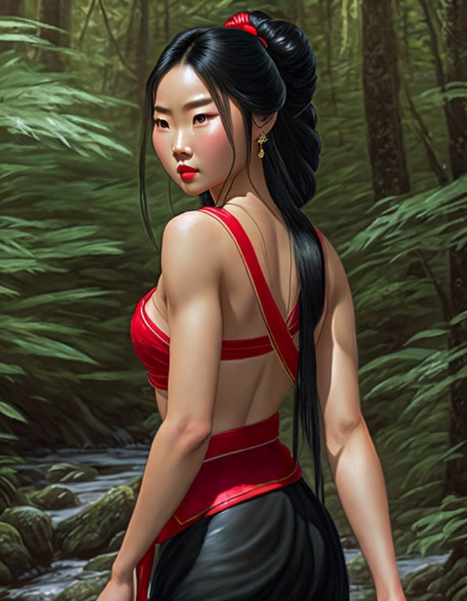 Digital artwork: Woman with high bun, red dress in forest