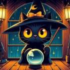 Whimsical black cat in witch's hat with glowing eyes and crystal ball