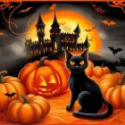 Whimsical Halloween-themed illustration with black cat, pumpkins, bats, moon & haunted castle