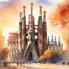 Sagrada Familia Cathedral Watercolor Painting with Autumn Sunset Scene