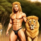 Muscular man with lion's head in savanna setting