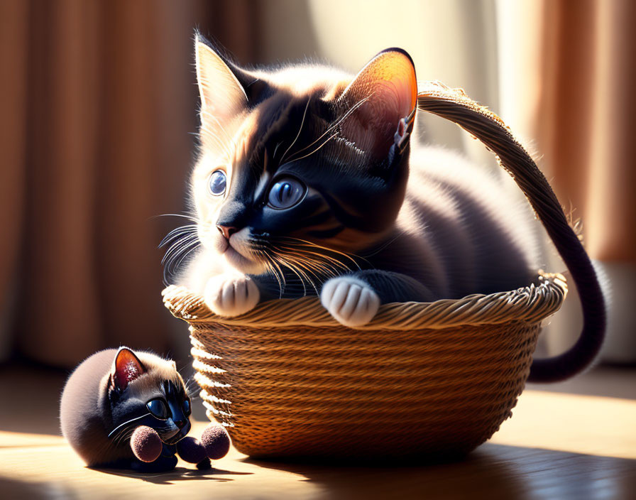 Calico kitten with blue eyes in wicker basket with toy mouse on wooden floor