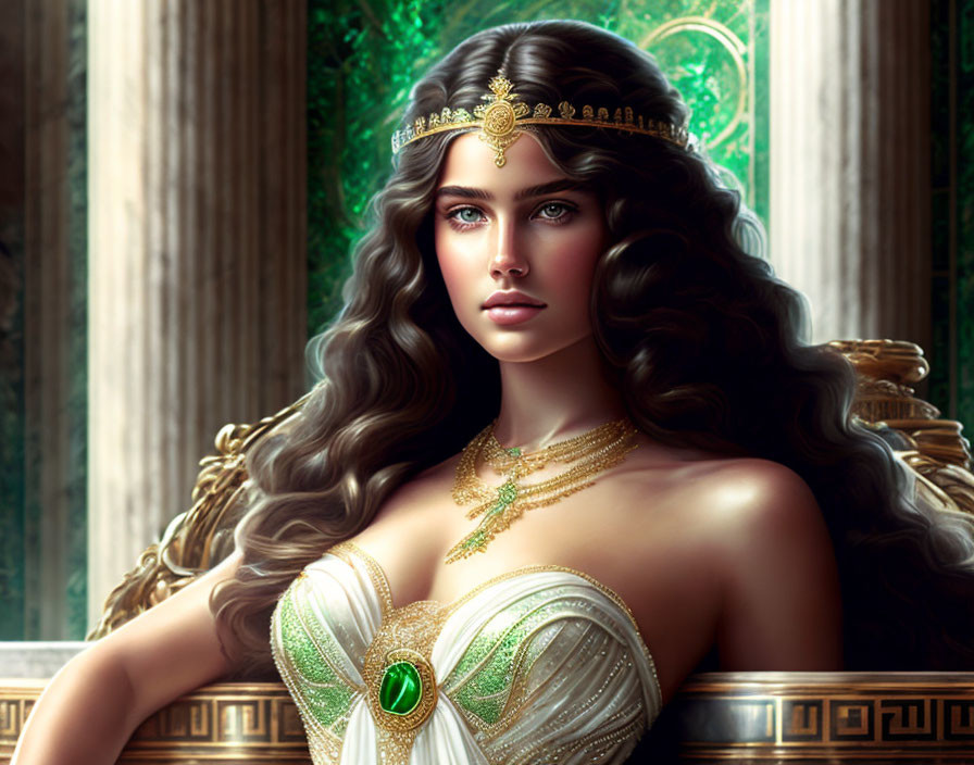 Digital artwork of woman with brown hair, blue eyes, gold tiara, leaning on marble balcony.