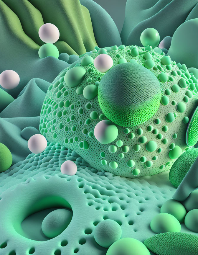 3D Abstract Spherical Shapes in Green Tones with Varied Textures