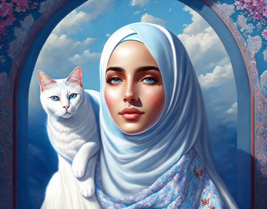 Digital artwork: Woman in blue hijab with white cat under ornate arch