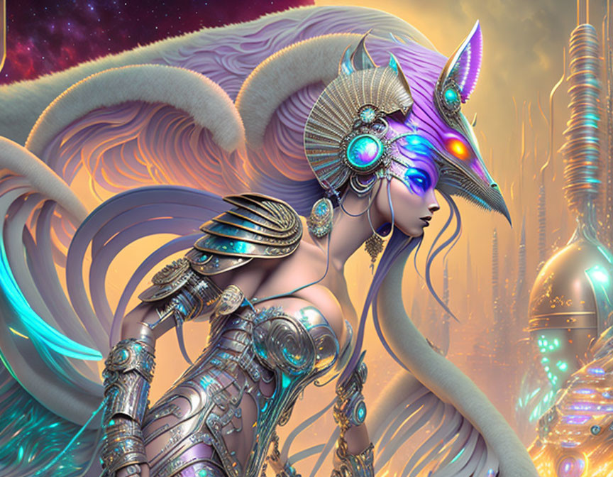 Fantastical digital painting of female figure in alien armor against cosmic backdrop