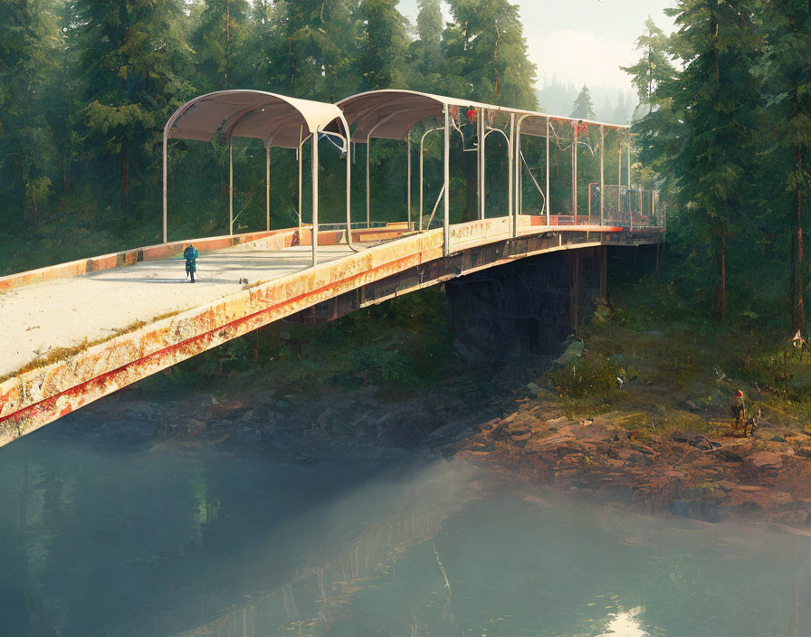 Tranquil bridge scene with person walking by riverbanks