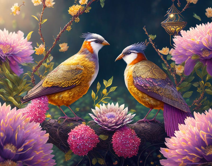 Colorful Birds on Branches with Lantern and Pink Flowers