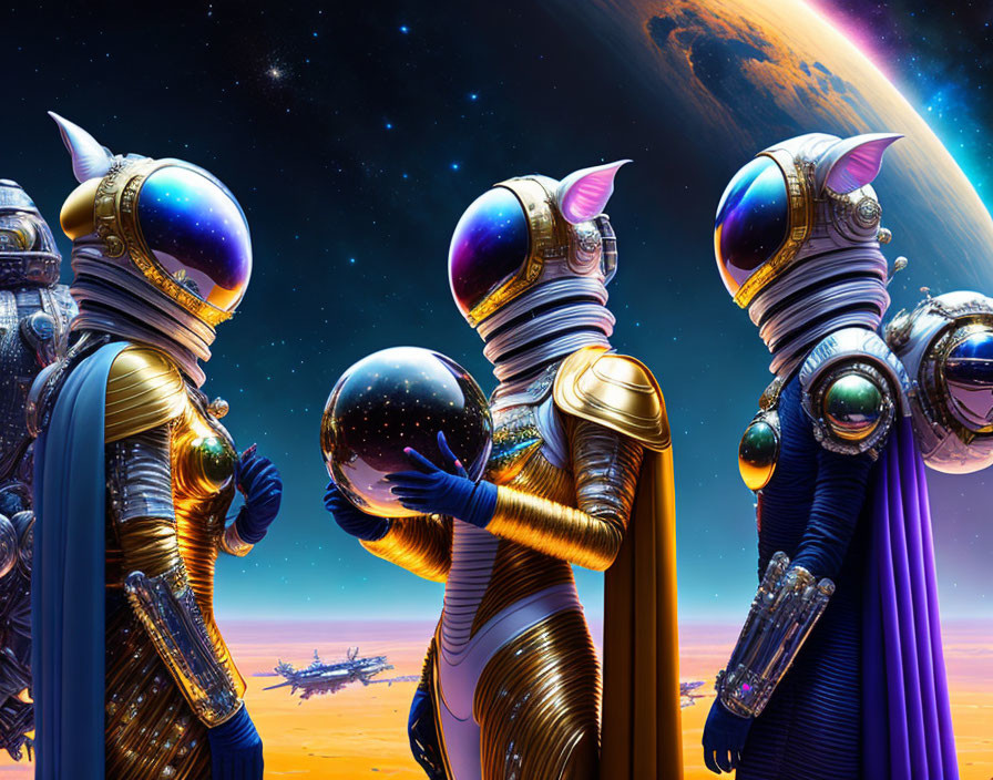 Futuristic knights in ornate armor with celestial orb and space backdrop