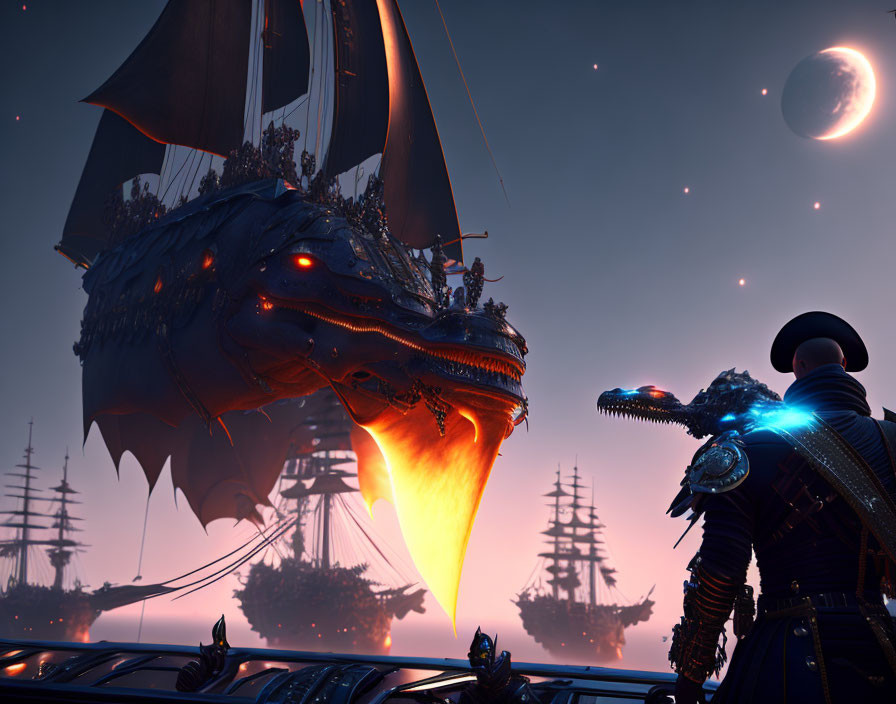 Person in pirate outfit with dragon ship and sunset backdrop