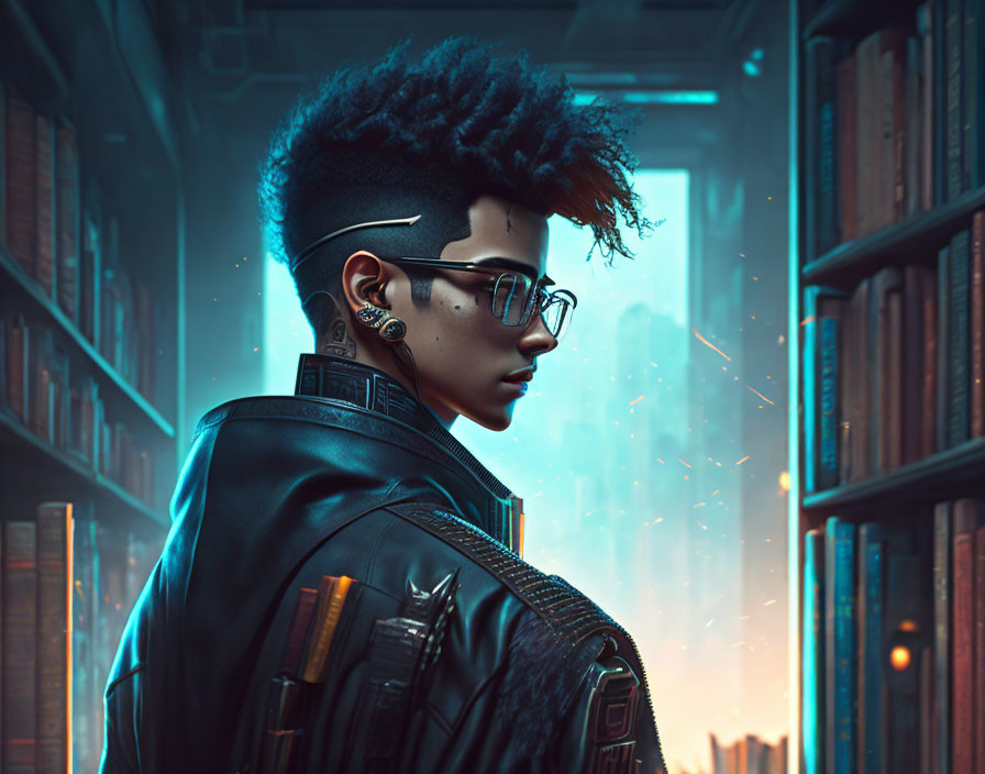 Person with Mohawk Hair and Glasses in Futuristic Jacket in Bookshelf-Lined Alley