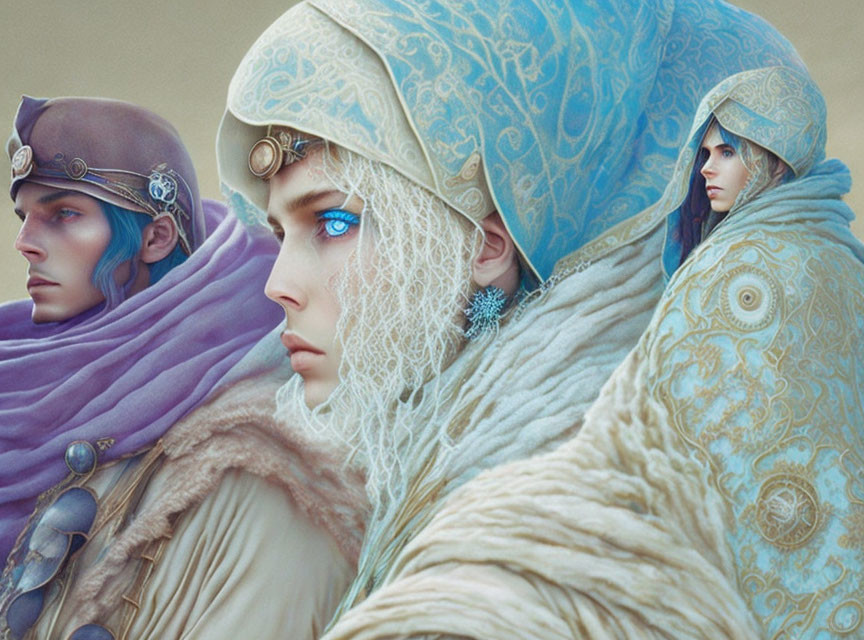 Three individuals in ornate blue patterned garments and headscarves with striking blue eyes on neutral backdrop