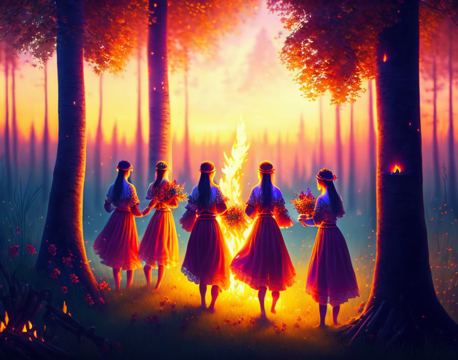 Five women in traditional dresses surrounded by fire in mystical forest at sunset