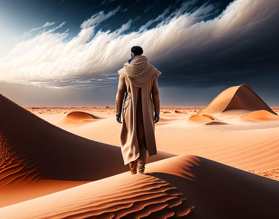 Figure in cloak walking through desert with sand dunes under dramatic sky